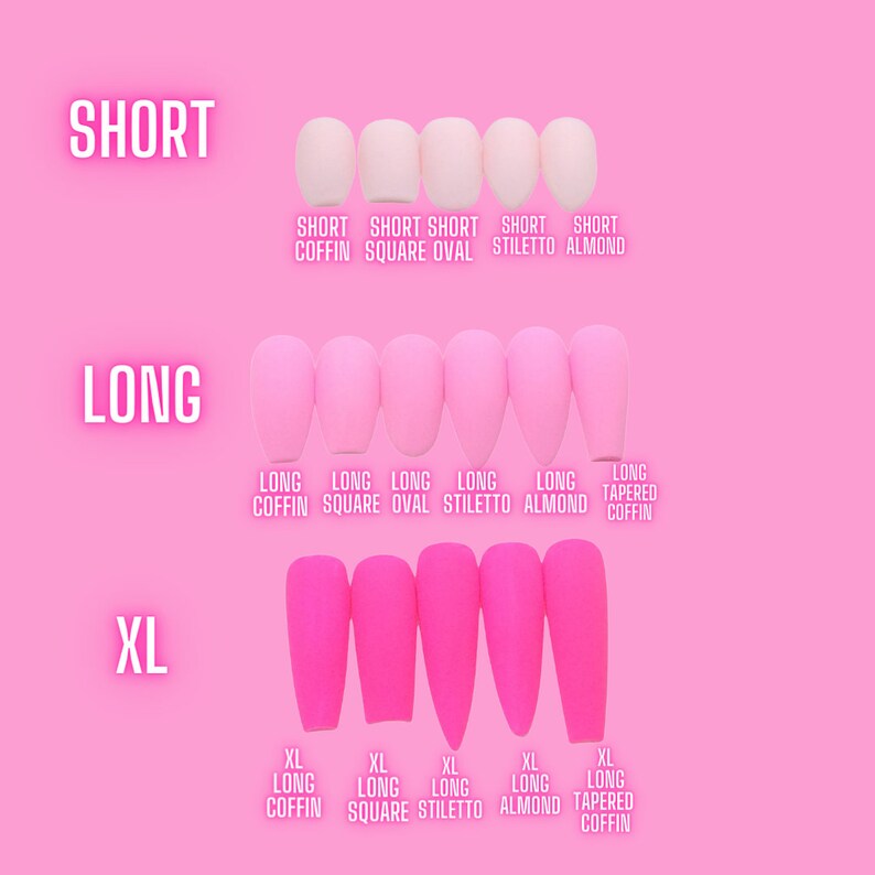 Puede incluir: Un gr&aacute;fico que muestra diferentes formas y longitudes de u&ntilde;as. Las formas incluyen ata&uacute;d, cuadrado, ovalado, stiletto y almendra. Las longitudes son cortas, largas y extra largas (XL).