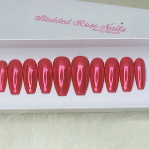 Femininity | Red Chrome Nails | Press On Nails | Any Shape and Size | False Nails | Glue On Nails| StuddedRoseNails