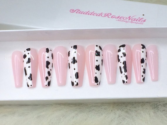 Half Half Cow Print Coffin Nails Fake Nails Press On Etsy Half Half Cow Print Coffin Nails Fake Nails Press On Etsy
