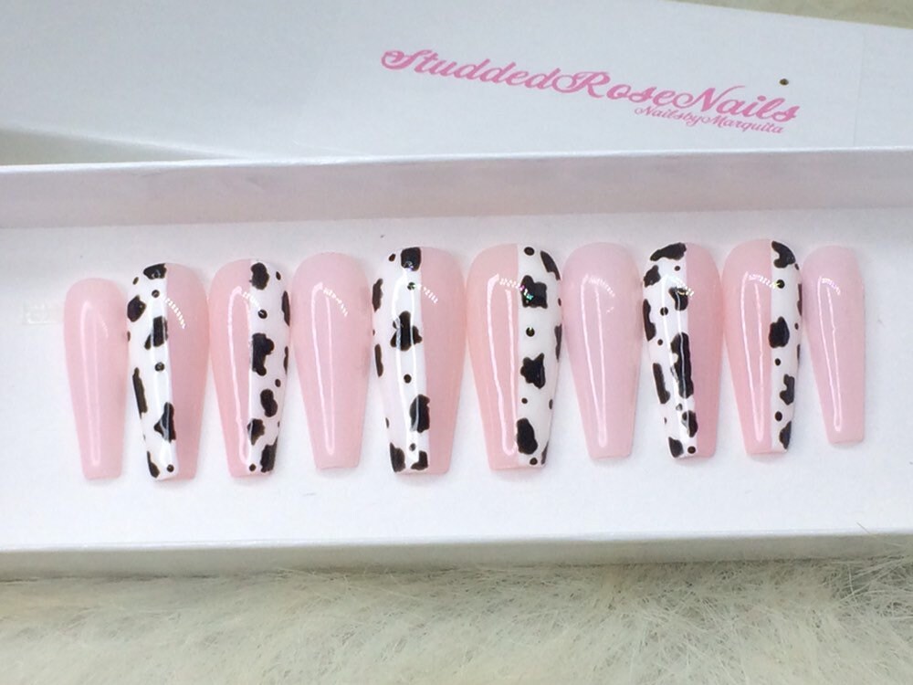 Half Half Cow Print Coffin Nails Fake Nails Press On Etsy