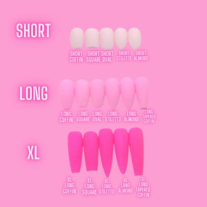 May include: A chart showing different nail shapes and lengths. The shapes include coffin, square, oval, stiletto, and almond. The lengths are short, long, and extra long (XL).