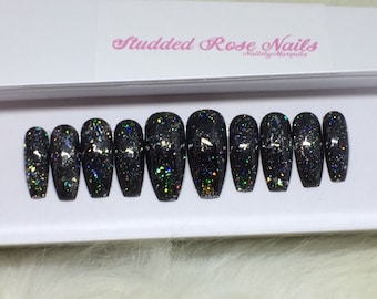 Galaxy | Holographic Nails | Stiletto Nails | Fake Nails | Press On Nails | False Nails | Glue On Nails | StuddedRoseNails