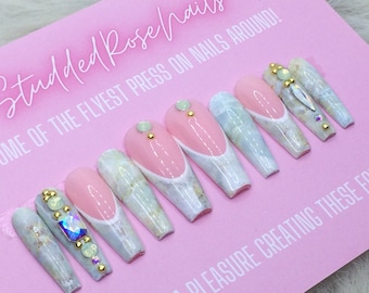 Gemstone | Coffin Nails | Fake Nails | Press On Nails | False Nails | Glue On Nails | StuddedRoseNails