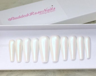 Miracle | White Pearl Chrome | Press On Nails |Any Shape and Size | Fake False | StuddedRoseNails