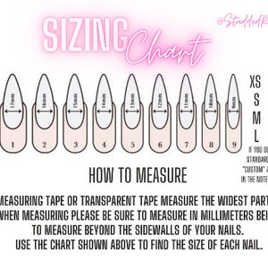 May include: Sizing chart for press-on nails with a diagram showing nail sizes in millimeters and corresponding sizes for each nail. The chart includes the following sizes: XS, S, M, and L.  The text reads: "Using measuring tape or transparent tape measure the widest part of your nail bed. When measuring please be sure to measure in millimeters being sure not to measure beyond the sidewalls of your nails. Use the chart shown above to find the size of each nail."
