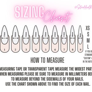 May include: Sizing chart for press-on nails with measurements in millimetres. The chart shows nine different nail sizes, with each size corresponding to a specific nail length. The chart also includes a guide on how to measure your nails using a measuring tape.