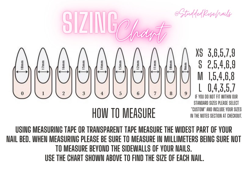 May include: Sizing chart for press-on nails with measurements in millimetres. The chart shows nine different nail sizes, with each size corresponding to a specific nail length. The chart also includes a guide on how to measure your nails using a measuring tape.