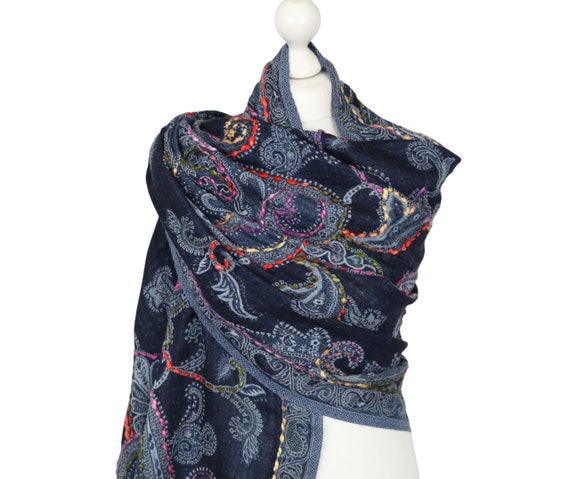 Warm Thick Pure Boiled Wool Paisley Winter Blanket Scarf Wrap Hand Embroidered - Navy Blue, Black- Lagenlook - 180 x 70cm