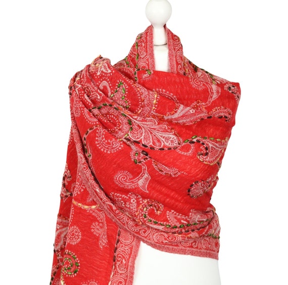 Warm Thick Pure BOILED WOOL SCARF Crimson Red Hand Embroidered Paisley Blanket Scarf Wrap - Lagenlook 180 x 72cm, 280gms