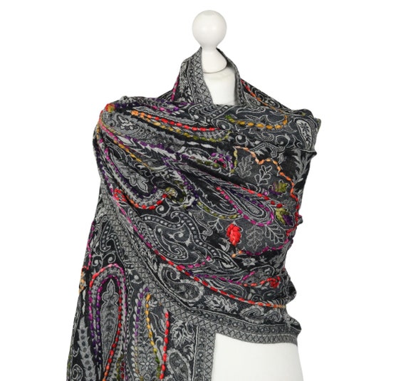 Warm Thick Pure BOILED WOOL SCARF Black Grey Hand Embroidered Paisley Blanket Scarf Wrap - Lagenlook 180 x 70cm, 275gms