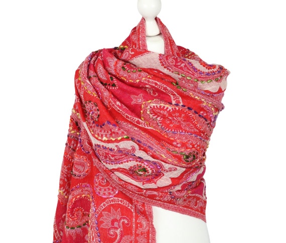 Warm Thick Pure BOILED WOOL SCARF Reddish Pink Hand Embroidered Paisley Blanket Scarf Wrap - Lagenlook 180 x 70cm, 275gms