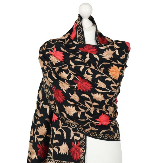 Indian Embroidered Wool Blend Shawl/Stole, Black with Multi Floral Rose Pattern Scarf Gifts 190 x 72cm