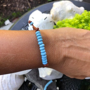 Light BLUE Bead LEATHER BRACELET / Blue Glass Bead Bracelet / Macrame Bead Leather Bracelet /Tiny Blue Bead Bracelet/ Beach Leather Bracelet