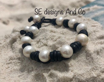 PEARL LEATHER BRACELET; White Pearl Bracelet; Beach Bracelet; Leather Pearl Bracelet; Pearl Leather Woven Bracelet; Real pearl bracelet