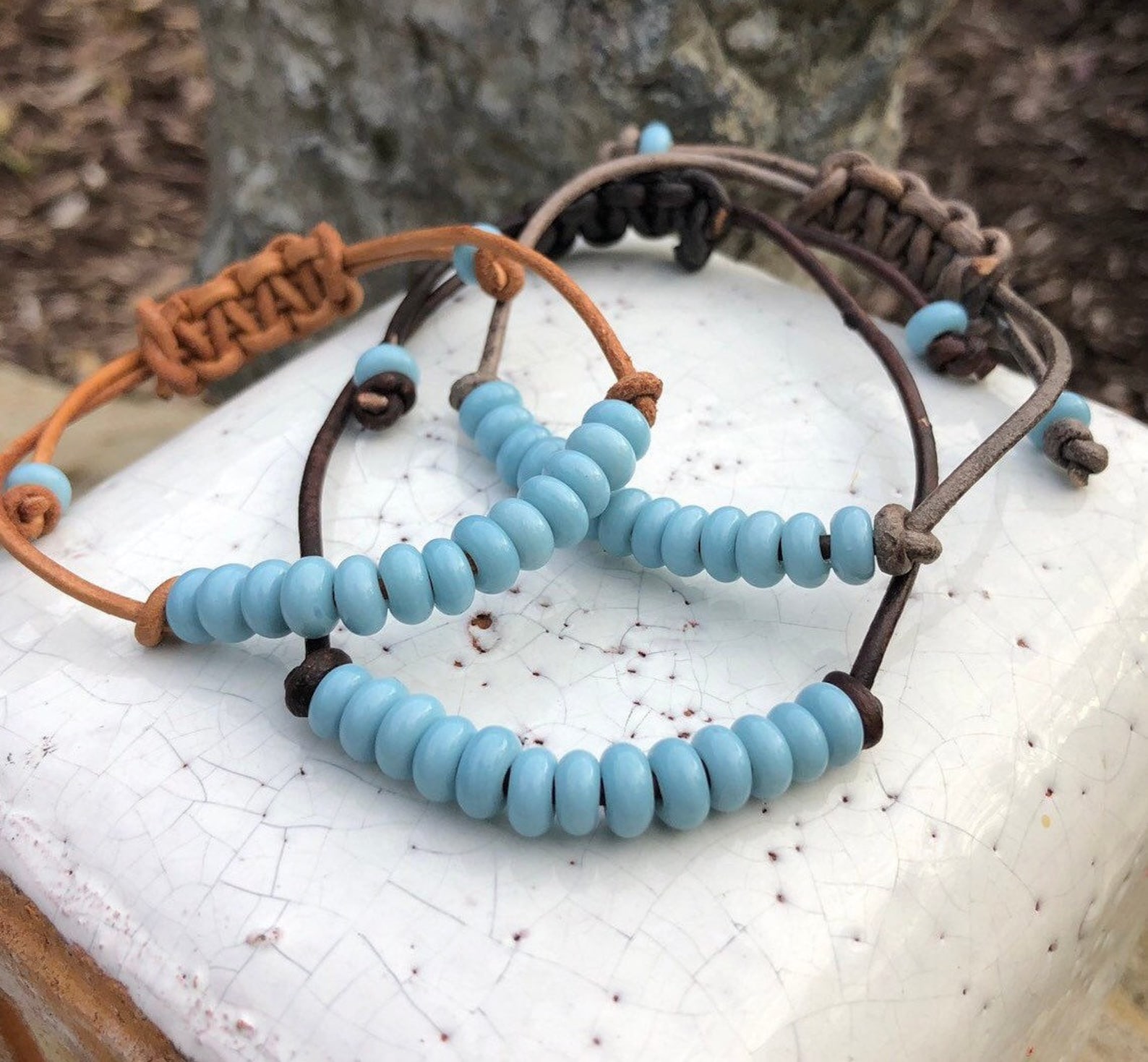 Light BLUE Bead LEATHER ANKLET / Blue Glass Bead Anklet / Etsy