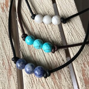 3 Gemstone BEAD CHOKER/ Real Stones and Leather Necklace/ 3 Bead ...