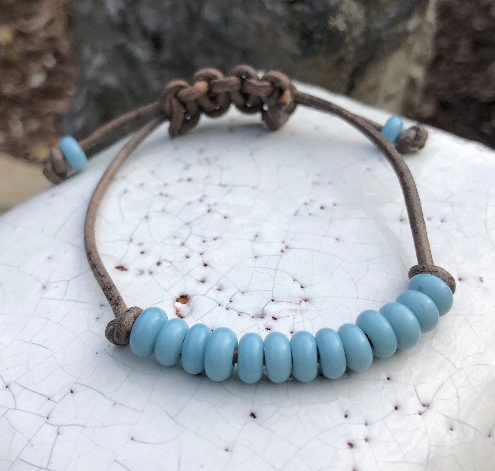 Light BLUE Bead LEATHER ANKLET / Blue Glass Bead Anklet / Etsy