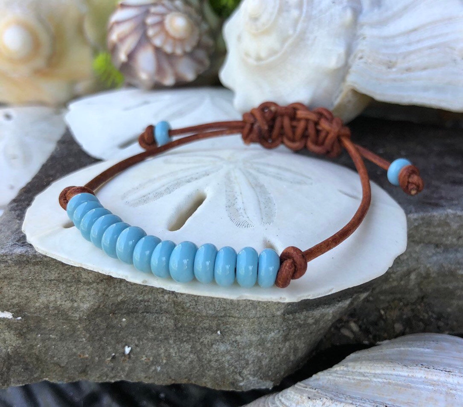 Light BLUE Bead LEATHER ANKLET / Blue Glass Bead Anklet / Etsy