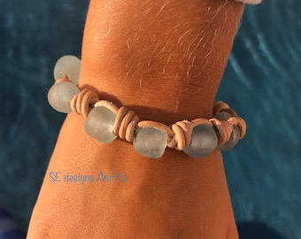 AQUA BLUE SEAGLASS  Leather Bracelet/ Light Blue Sea Glass Bracelet / African Sea Glass Leather Bracelet/ Recycled Glass Bead  bracelet