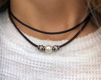 PEARL and SILVER BEAD Leather Choker/ Double Leather Necklace/ Multi strand Leather Pearl Choker/ Beach Necklace/ Western Choker