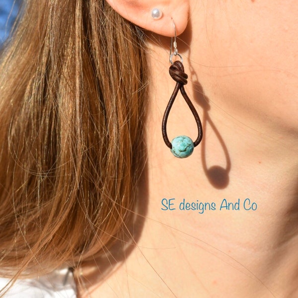 TURQUOISE Stone LEATHER EARRINGS/ Leather Turquoise Earrings/ Drop Leather Earrings/ Turquoise Bead Earrings/Healing Stone Leather Earring