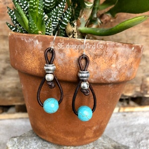 TURQUOISE LEATHER EARRINGS / Sterling Silver Leather Earrings/ turquoise and leather earrings/ beach earrings