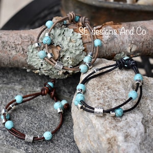 Double Wrap TURQUOISE and SILVER BEAD Leather Bracelet/ Wrap Turquoise Leather Bracelet / Multi strand Turquoise Leather Bracelet
