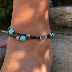 Double Wrap TURQUOISE and SILVER BEAD Leather Anklet/ Wrap Turquoise Leather Anklet/ Multi strand Turquoise Leather Anklet/ Leather anklet