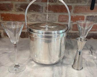 Balde de gelo prateado estilo moderno de meados do século | Utensílios de bar com dobradiças em espiral