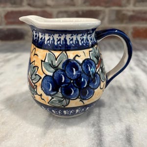 Authentic Polish Pottery Small Creamer Pitcher | Blue Rose Ceramic Grape Pattern with Cobalt Blue Trim | Handmade Stoneware from Boleslawiec