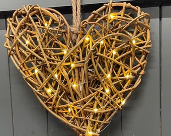 Willow Heart | Handmade Heart | Door Hanger | Wreath | Wedding Decoration | 9th Anniversary | 20 LED Lights | Outdoor or Indoor | Christmas