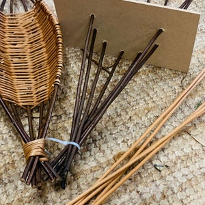 Pode incluir: Uma cesta de vime com fios tecidos castanhos e bege, sendo constru&iacute;da com ramos castanhos amarrados com um lacinho de pl&aacute;stico transparente. A cesta est&aacute; sentada em um tapete bege.