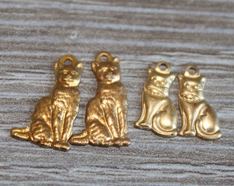 Art Nouveau Brass Cute Cat Stampings Aged Gold Patina American Made Charms Animal Detailed lot 2 pcs
