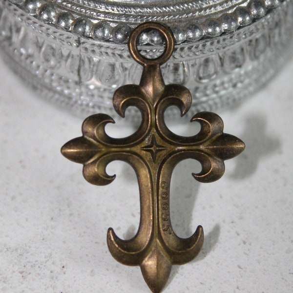 VINTAGE bronze French fleur de lis CROSS Pendant, 1960s Made in USA vintage supplies