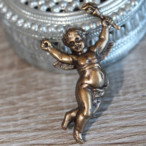 Art Nouveau Large Brass Bronze-Plated Flying Cherub Holding a Torch large Aged Patina Bronze American Made Brass Stampings 2 pc lot