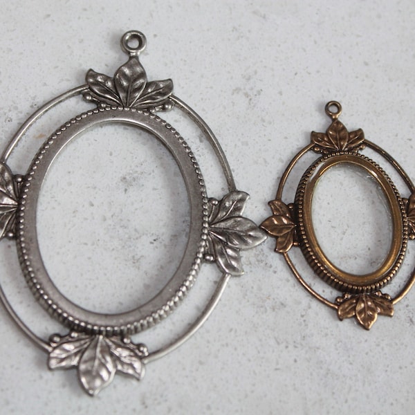Art Nouveau Large Brass Filigree Flowery Round, Oval Frame setting BASE PENDANT Aged Patina Gold Silver American Made Brass Stampings