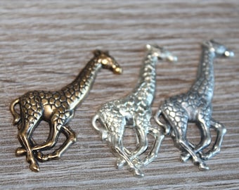 Art Nouveau Brass Giraffe, Aged Bronze, Silver, Aged Silver Patina American Made Brass Stampings Charms Animal