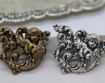 Vintage Brass Medallion Wave Winged Cherub Stampings, Brass Cooper Plated Finding