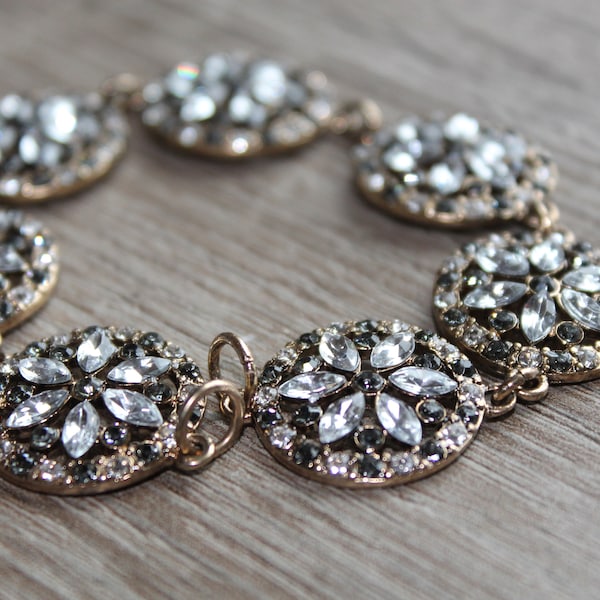 Filigree Vintage Style Round chain link Rhinestones antique bronze tone jewelry, necklace bracelet supply, 7 inches