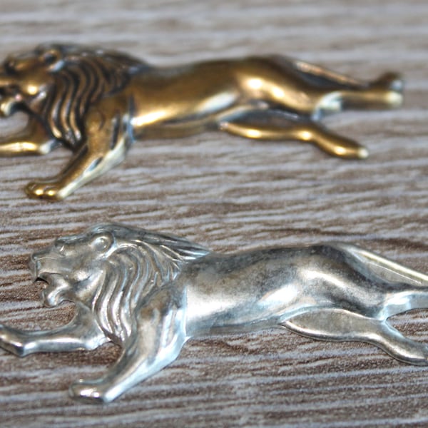 Art Nouveau Brass Running Lion, Aged Bronze or Silver Patina American Made Brass Stampings Charms Animal