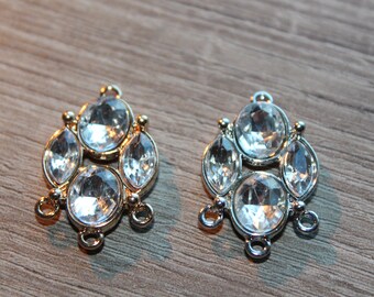 Vintage Art Deco Plata, conector de oro, 4 bucles, pedrería marquesa y ovalada, forma de diamante, suministro vintage real, lote de 2 piezas