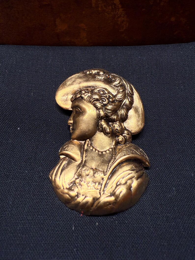 Large Brass Vintage Cameo Stamping - Lady Profile - 1 piece image 1