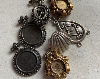 Vintage Brass pendants setting cabochon filigree metal flowers variety destash lot 7 pcs studio clearing bronze silver gold metal