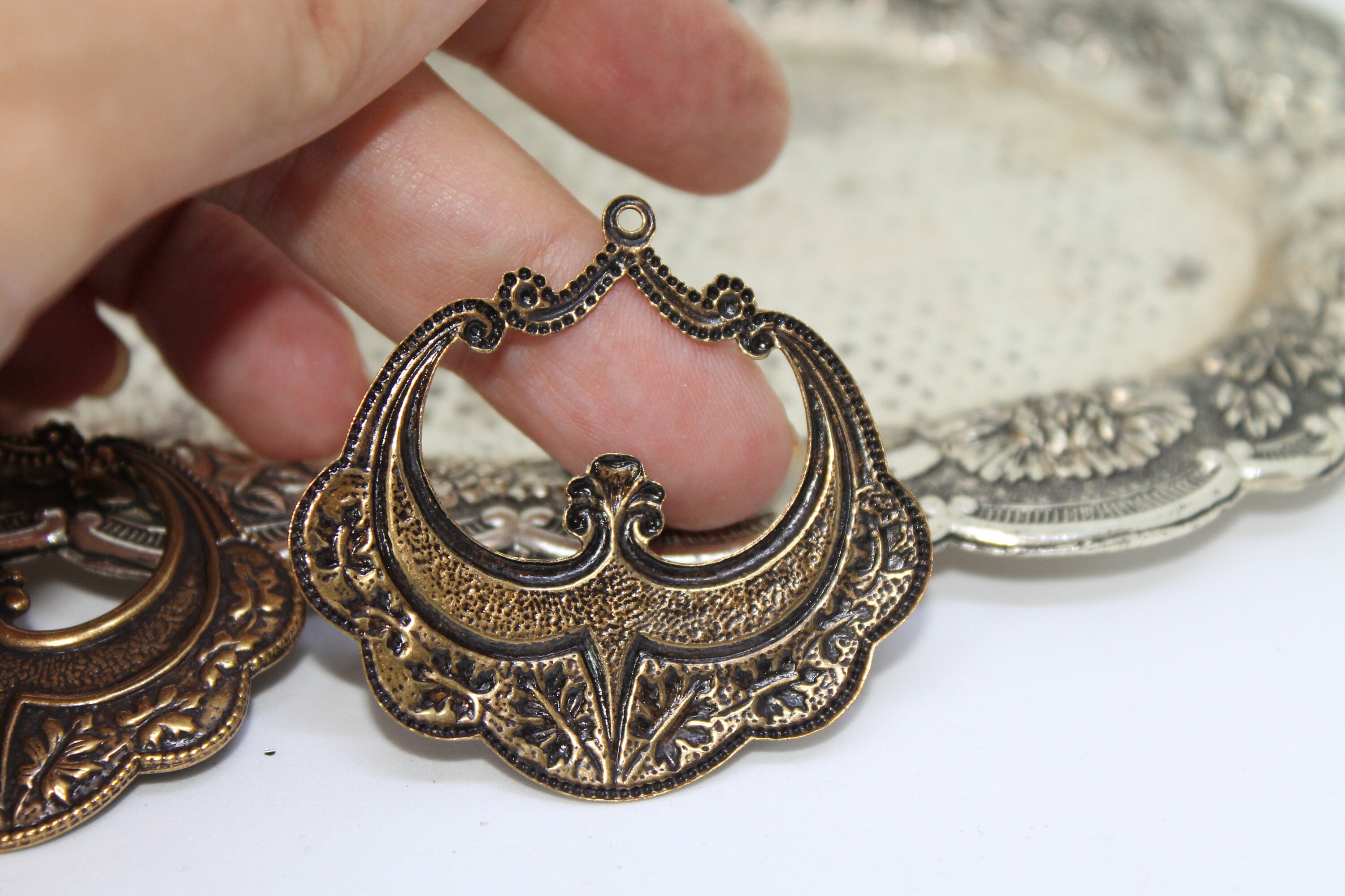 Large Bronze Crescent Tiara Pendant Medal Royal French Jewelry Assemblage Supply Stamping