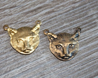 Conector de cabeza de gatito gato de latón vintage, 2 bucles, placa de oro adornada, hecha a mano, estampado de latón vintage, filigrana de latón, lote de 2 piezas