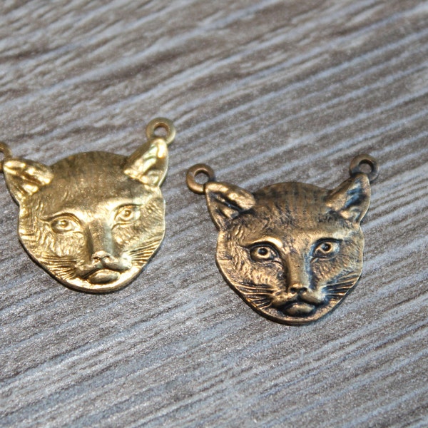 Vintage Brass Cat Kitten Head Connector, 2 loops, Dapped, ornate gold-plate, hand made, Vintage Brass Stamping, Brass Filigree, 2 pcs lot