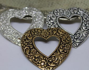 Vintage Brass Heart, brass FINDING plated silver, bronze, and white, Dapped, ornate, hand made, Brass Filigree, Large, 2 per lot
