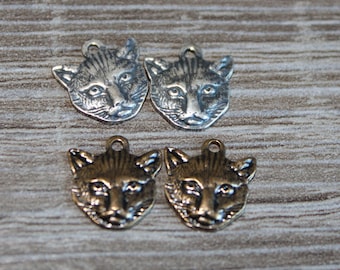 Art Nouveau Brass Cute Cat Stampings Aged Bronze or Silver Patina American Made Charms Animal Detailed lot 2 pcs