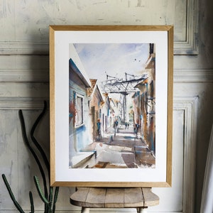 Acquerello di Porto in Portogallo, Calcada da Serra con pittura originale