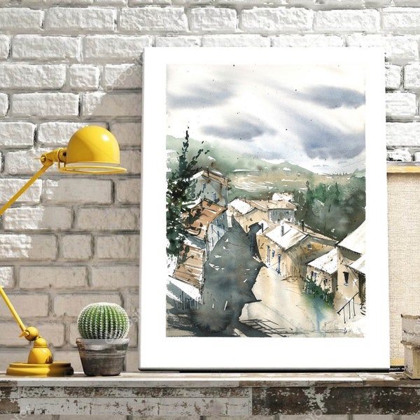 Aquarelle du Luberon en France, peinture originale, ville de Bonnieux